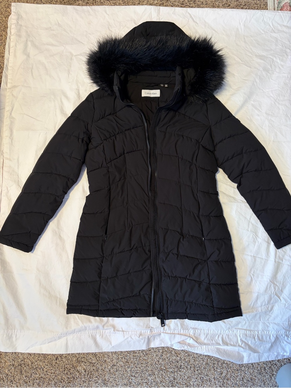 Calvin Klein Black Quilted Hooded Puffer Coat with Faux Fur Trim
